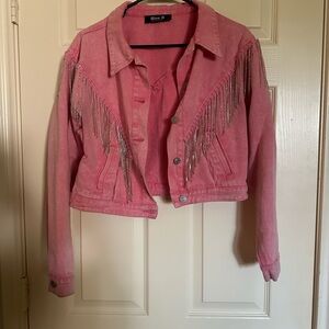 Blue 84 Women's Pink Fringe Cropped Denim Jacket
